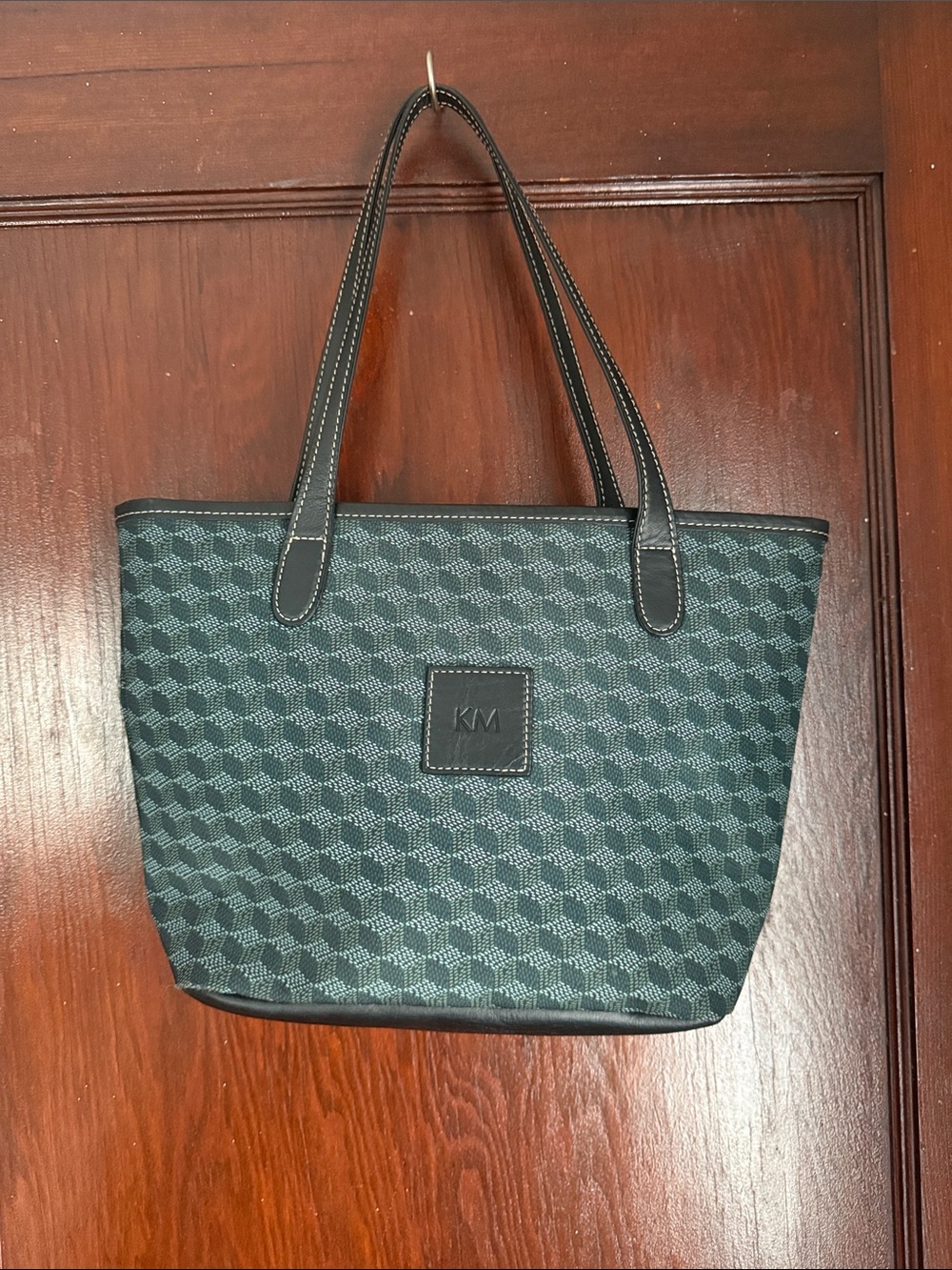 Barrington Green Cube Patterned Tote Bag with Monogram Accent “KM”